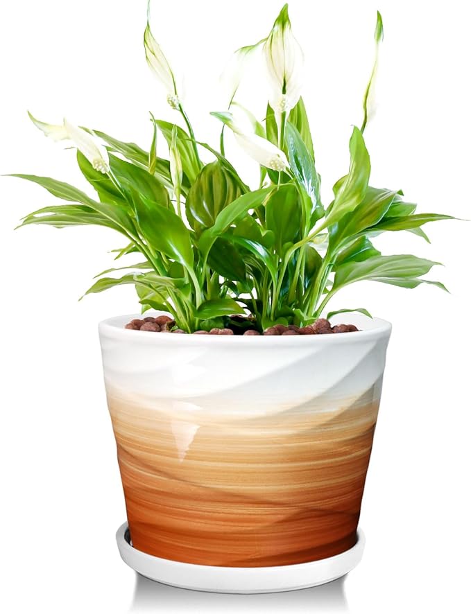 8 Inch Plant Pot, Ceramic Planter with Drainage and Saucer, Ceramic Pots for Plants, Indoor Plant pots,Ceramic Flower pots,Modern Planter(Khaki + White)
