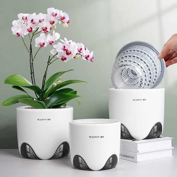 4 inch Orchid Pots with Holes for Repotting,Set of 2,Double Layer Plastic Imitate Ceramic Orchid Planter Provide Good Air Circulation,Clear Orchid Pot Match Decorative Orchid Container