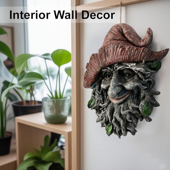 Tree Face Sculpture, Funny Red Cap Old Man Tree Hugger Statue, Indoor & Outdoor Creative Props for Garden and Home,9" x 7" x 2.4"