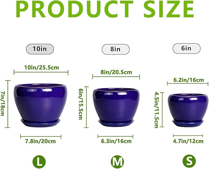 Flower Pots for Indoor Plants- Ceramic Pots for Plants 10 Inch 8 Inch 6 Inch Plant Pots with Drainage Holes and Saucers Decorative Large Planters for Outdoor Plants Set of 3 Blue