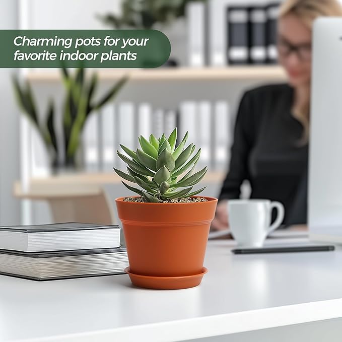 T4U 5 Inch Plastic Planters 18-Pack Small Plant Pot with Drainage Hole and Saucer, Decorative Nursery Flower Pot Bulk for African Violet, Aloe and All House Plants Indoor (Terracotta)
