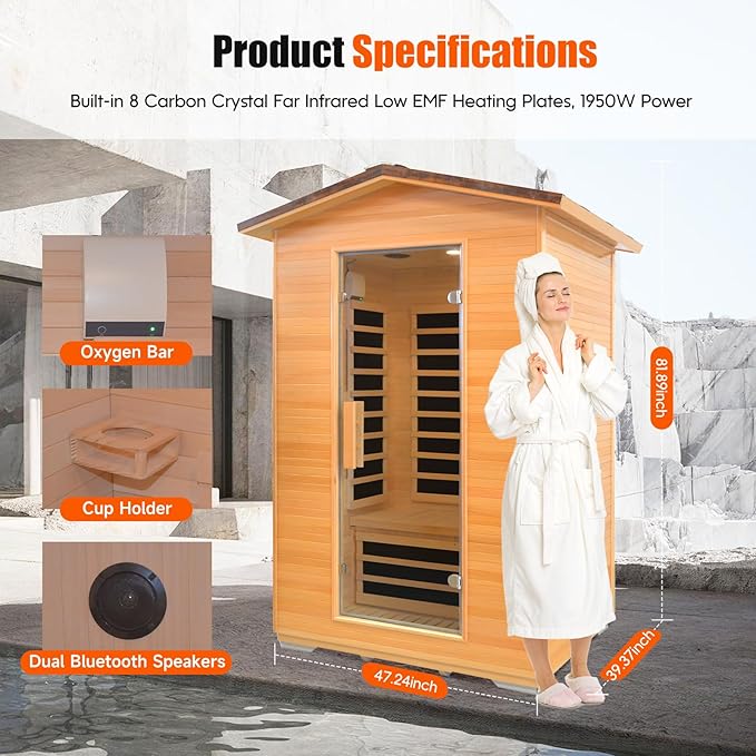 Far Infrared Sauna Home Sauna Outdoor Sauna for 2 Person, Dry Sauna with Low EMF 1950W,with Towel Rack and Cup Holder,Canadian Hemlock Wood