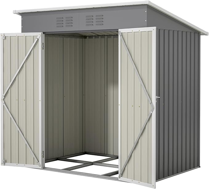 6x4 FT Outdoor Metal Storage Shed with Frame Floor & Sloping Roof, Lockable Double Door, Weatherproof Steel Garden Shed for Tools, Lawn Equipment & Patio Supplies
