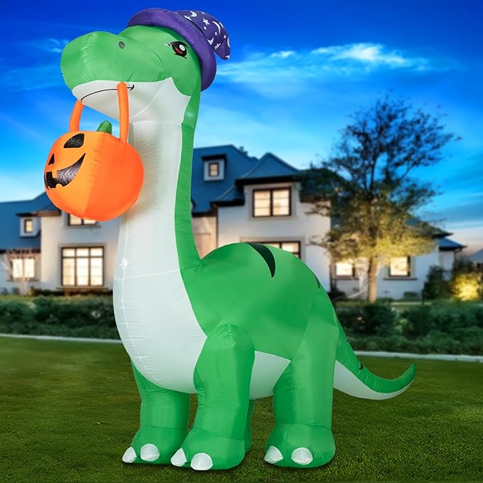 10FT Halloween Inflatable Huge Dinosaur Decorations Outdoor,Halloween Blow Up Yard Decorations Built-in LED Lights,Scary Party Decorations with Witch Hat and Pumpkin,for Garden/Lawn.