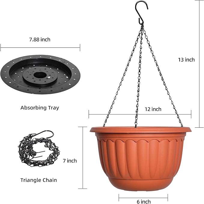 YIKUSH Hanging Planter for Indoor and Outdoor Plants 2 Pack 12 inch Flower Pot Plastic Plant Pot with Drainage Hole and Absorbing Tray(Terracotta)