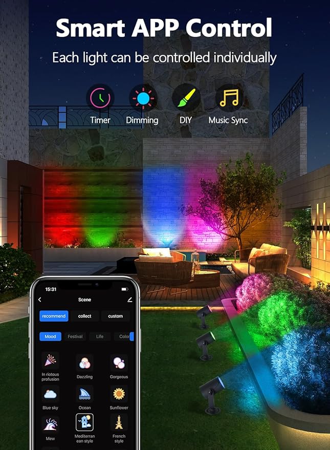 Smart RGBICW Landscape Lighting, IP67 Waterproof Low Voltage Landscape Lights, 24W Color Changing Outdoor Spot Light with APP/Voice Control, Aluminum LED Spotlights Pathway Lights, 4 Pack