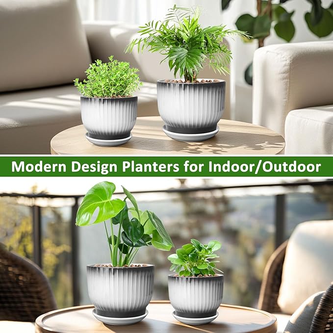 6.7 + 5.5 Inch Plant Pot, Ceramic Planter with Drainage and Saucer, Ceramic Pots for Plants, Indoor Plant pots,Ceramic Flower pots(Black + White, Plants NOT Included)