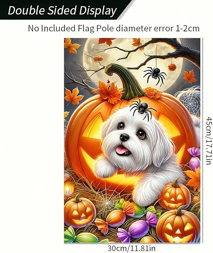 Welcome Halloween Garden Flag 12 x 18 Double Sided Maltese-Dog Garden Flag Lantern Pumpkin Black Yard Small Flag Lawn Outside Decor Funny Holiday Outdoor Home Decoration Banner