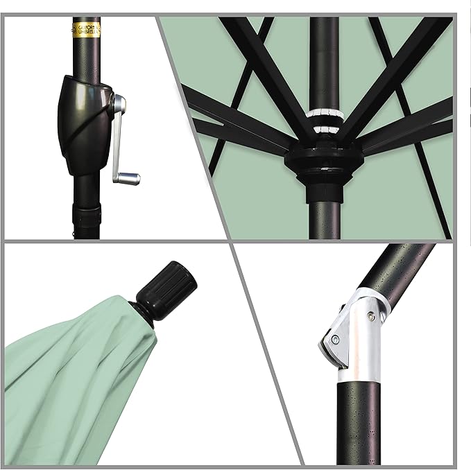 California Umbrella 9' Round Aluminum Market Umbrella, Crank Lift, Push Button Tilt, Black Pole, Sunbrella Spa