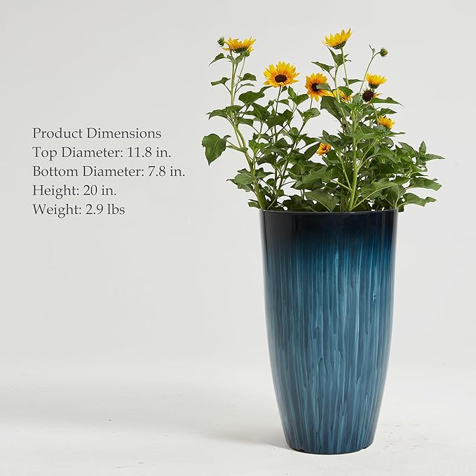 Worth Garden 20" H. Large Plastic Planters - Set of 2 Gradient Blue Glossy Smooth Finish - Tall Plant Pots for Indoor & Outdoor Use - Decorative Lightweight Flower Pots for Front Porch, Patio, Deck