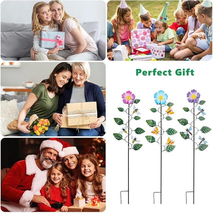 Set of 3 Solar Garden Lights,23'' H Flowers&Insect Decorative Garden Stakes,Waterproof Metal Spring Yard Art Decor,Solar Stake Lights for Outside,Lawn,Yard,Patio