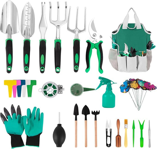 Garden Tool Set, Including 9 Succulent Tool Sets, 6 Large Heavy-Duty Aluminum Gardening Tools, with Gardening Tool Kit, Gloves, Watering Can, Fixing Line and Color Label,is Your Best Helper