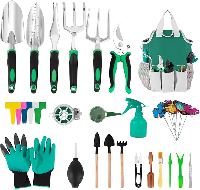 Garden Tool Set, Including 9 Succulent Tool Sets, 6 Large Heavy-Duty Aluminum Gardening Tools, with Gardening Tool Kit, Gloves, Watering Can, Fixing Line and Color Label,is Your Best Helper