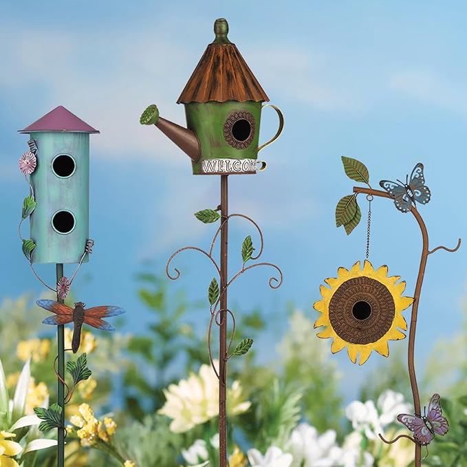 BAYN 57” Bird Houses Stake for Outside, Metal Wild Bird Feeder Double-Hole Birdhouse Stake with Cylinders Design Outdoor Decorations for Patio, Backyard, Garden