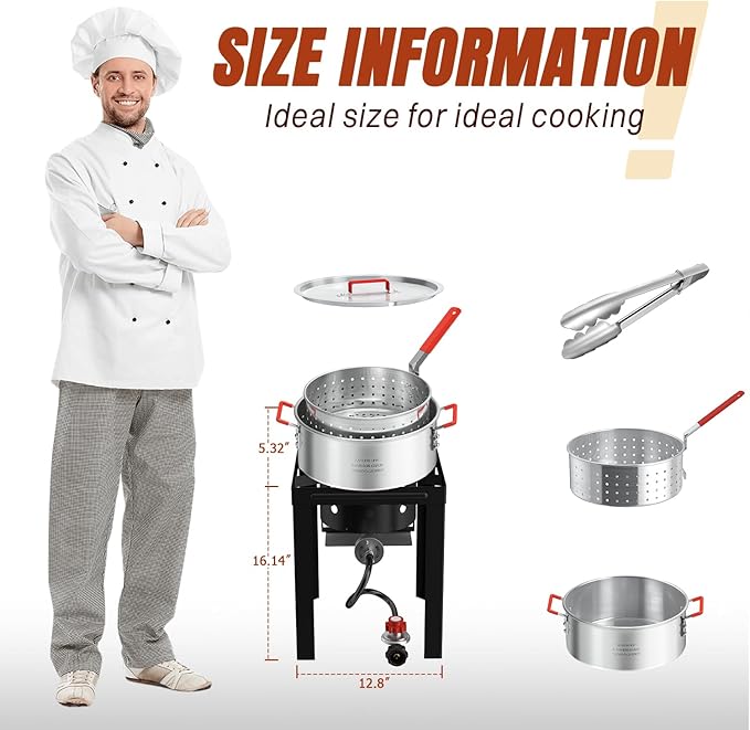 10QT Propane Fish Fryer with Lid, Cover, Fryer Tong & Thermometer, 8QT Basket for Frying Fish, Chicken Wings, French Fries, Deep Fryers with 5 PSI Regulator & 55,000 BTU Burner for Outdoor Cooking