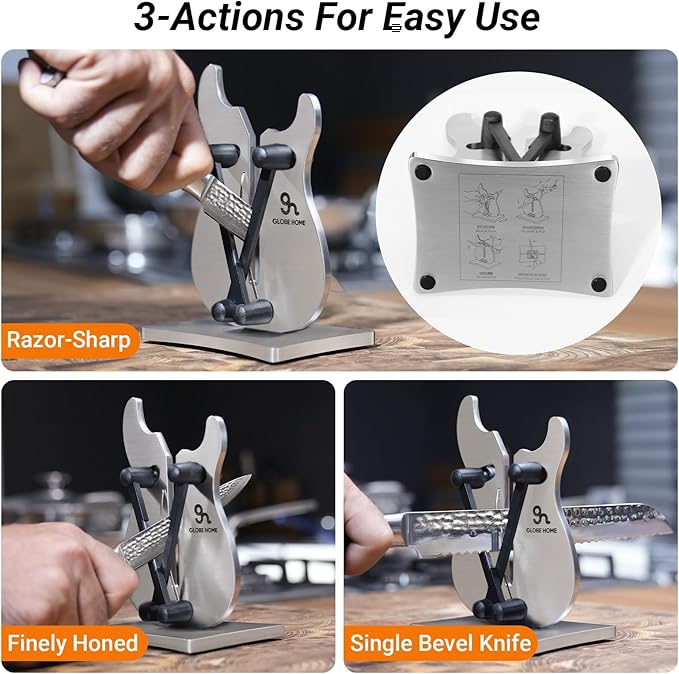 Professional Knife Sharpener for Kitchen, 3-Action Blade Sharpener with Tungsten Carbide, Auto Adjustable Brushed Stainless Steel Manual Sharpener for Serrated, Beveled, Standard Blades