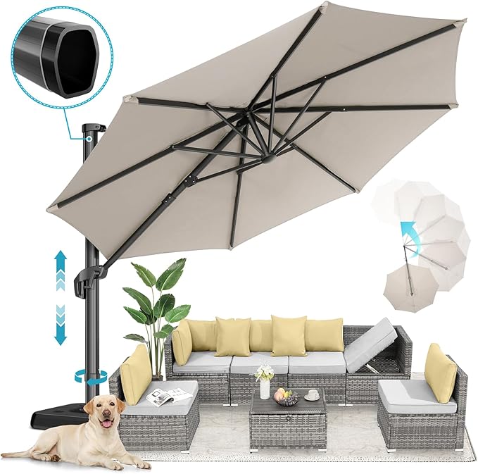 HOTIME10ft Patio Umbrella Cantilever Umbrella - Upgrade and Intensify - with 360 Rotation and 5 Angles Adjustment - Aluminum Offset Pool Umbrella Square Outdoor Umbrellas for Patio Garden Deck Pool