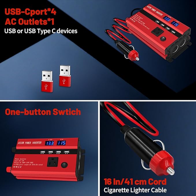 400W Power Inverters for Vehicles, Car Power Inverters DC 12V to 110V AC Car Plug Adapter Outlet with 2 Type-C (Equip with 2 USB), Fast Charger for Phone, Laptop