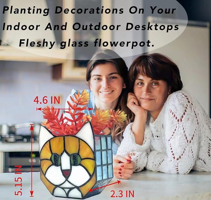 Tiffany Style Orange Cat Stained Glass Flower Pots,Indoor Plant Display, Orange Cat Small Pots for Plants, Gift for Cat Lovers,4.6x5.15x2.3 in (Excluding Plants)