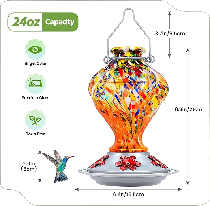 Hummingbird Feeders for Outdoors Hanging, BOLITE Glass Hummingbird Feeder, Hand Blown Twisted with Ant Moat and Five Feeding Ports, 24 Ounces, Leak Proof, Orange, Gifts for Women Men