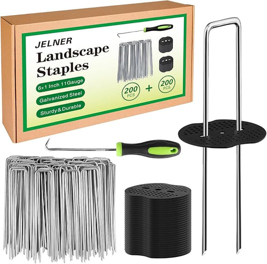 Landscape Staples Set,6 Inch 11 Gauge 200pcs Galvanized Garden Stakes and 200pcs Gaskets +1Pick Hook,U-Shaped Tent Stakes Landscaping Fabric SOD Pins for Weed Fabric Barrier,Groud Cover,Fence
