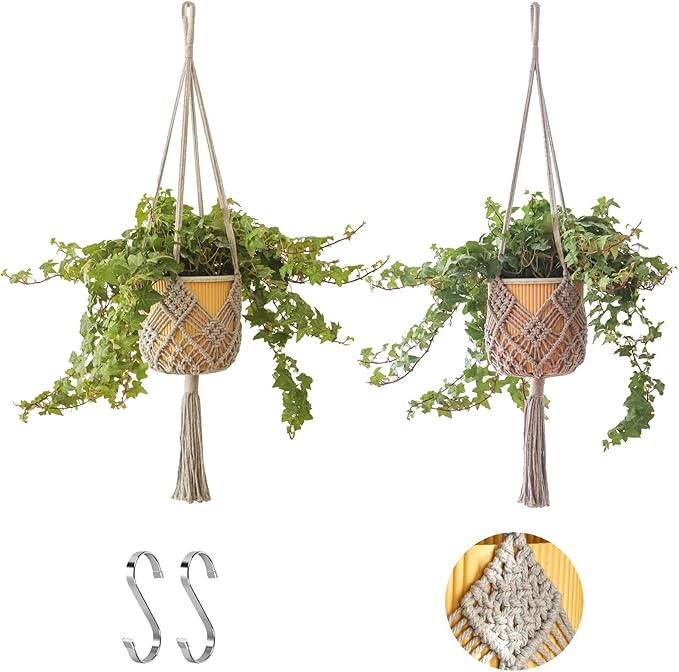 Hanging Planter with Patterns,2Packs Macrame Plant Hangers Indoor Macrame for up to 8 inch Pot Crochet Boho Plant Hanger Holder for Indoor Outdoor with 2S Shaped Stainless Steel Hooks (Gray)