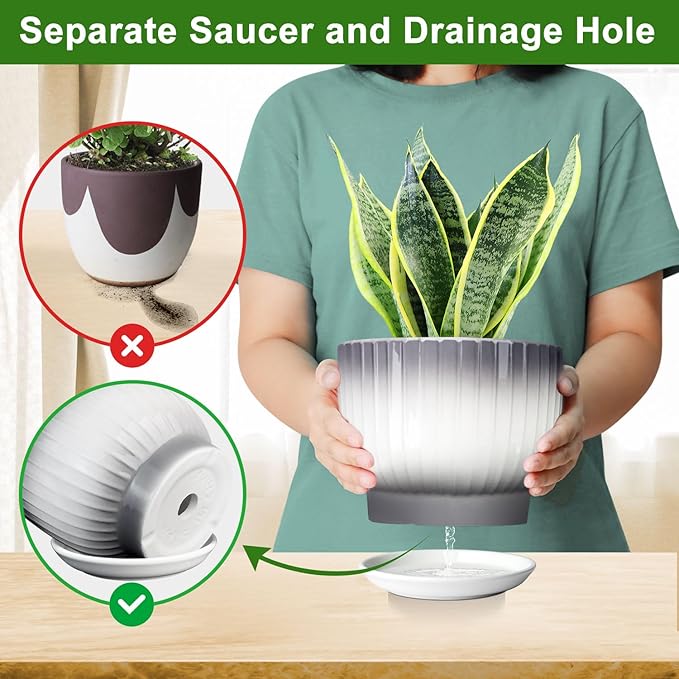 6.7 + 5.5 Inch Plant Pot, Ceramic Planter with Drainage and Saucer, Ceramic Pots for Plants, Indoor Plant pots,Ceramic Flower pots(Gray + White, Plants NOT Included)
