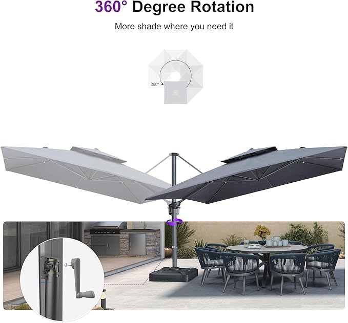 PURPLE LEAF Cantilever Umbrella with Base Included 12FT Heavy Duty Large Double Top Offset Hanging 360° Rotation Square Umbrella for Garden Patio Deck Pool Backyard Cast Slate