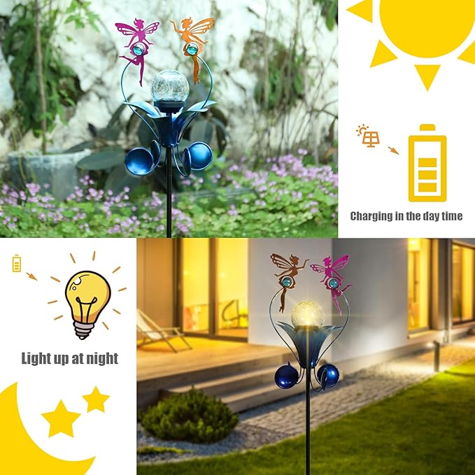 VCUTEKA Solar Lights Outdoor Metal Garden Stake Waterproof Crackle Glass Globe Garden Decor Fairy for Pathway, Lawn, Patio, Yard
