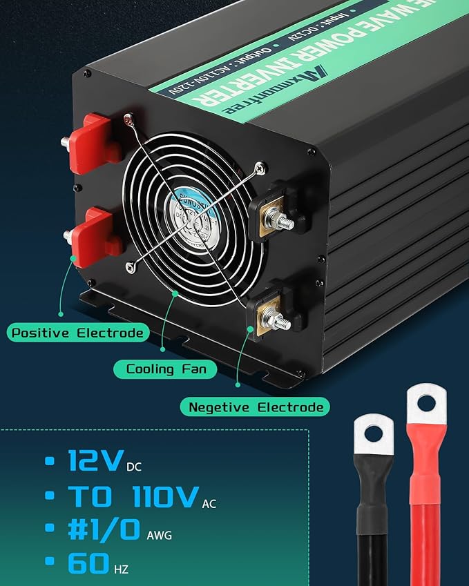 5000W Pure Sine Wave Power Inverter 12V DC to 110V AC with Wireless Remote Control LCD Display 1 USB Port, 4 AC Outlets, 1 Terminal Blocks for RV Truck Cabin Off Grid