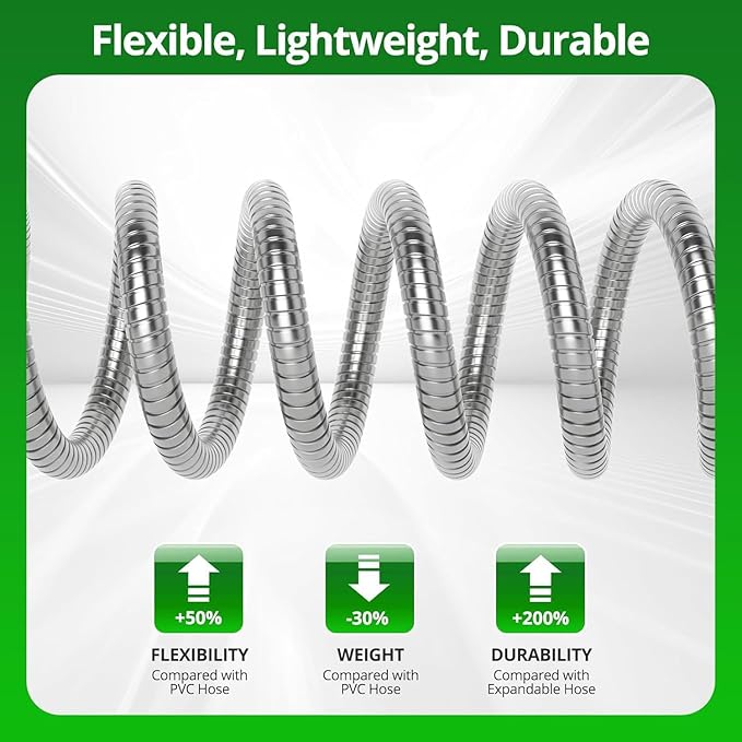 Stainless Steel Garden Hose 100FT with 10 Functione Nozzle, No Kink, Leak-Proof, Lightweight and Flexible Metal Garden Hose for Lawn, Car, RV, Outdoor Watering, Pet Bathing