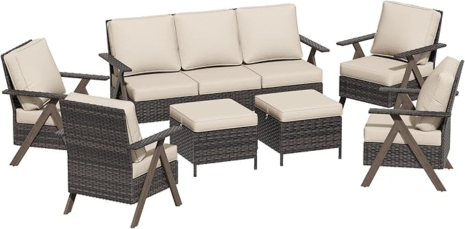 7 Pieces Patio Furniture Set,Outdoor Sofa & High Back Wicker Patio Chairs, Patio Conversation Set with Ottoman for Deck Yard and Poolside