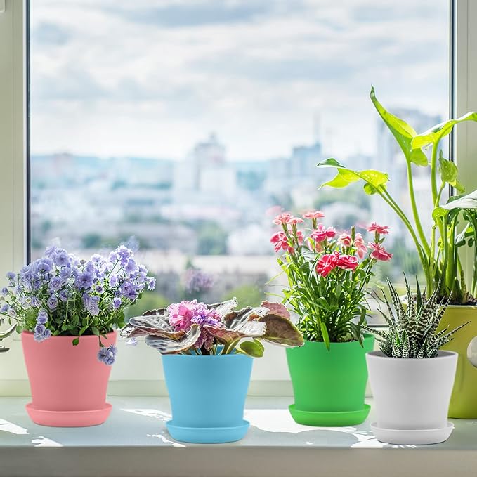 16 Pack 5.5 Inch Plastic Planters Assorted Flower Plant Pots Seedling Nursery Pots with Tray, Outdoor Indoor Plants for Seedling, Transplanting, Cutting, 8 Colors