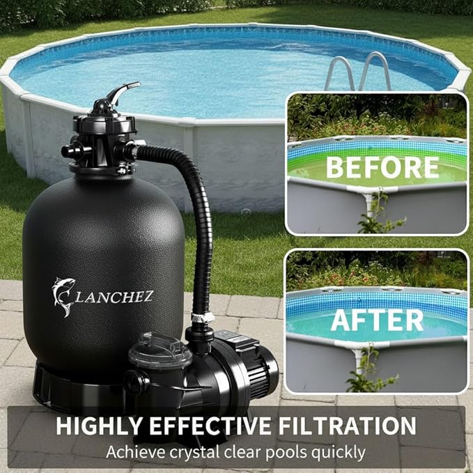 LANCHEZ 18" Sand Filter Pump for Above Ground Pool with Timer, 1.5 HP, Max 4900 GPH for Pools Up to 20000 GAL, 6-Way Valve Pool Sand Filter System, Enhanced Circulation for Crystal-Clear Pool
