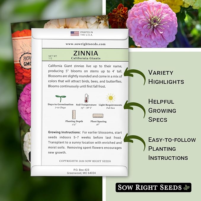 Sow Right Seeds - California Giants Mix Zinnia Seeds for Planting - Non-GMO Heirloom Packet to Grow Your Flower Garden - Attract Bees and Butterflies - Great to Cut and Come Again - Summer Annual (3)