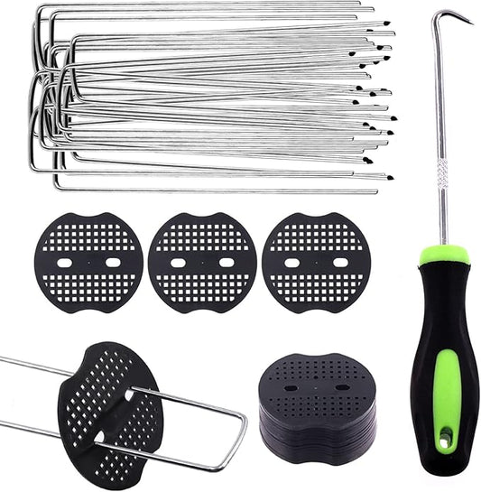 Swpeet 201Pcs U-Shaped Landscape Garden Stakes Staples and Plastic Fixing Gasket with Pick Hook Assortment Kit, Garden Lawn Landscape Staples for Irrigation Hoses, Fixed Fences, Artificial Turf Nails