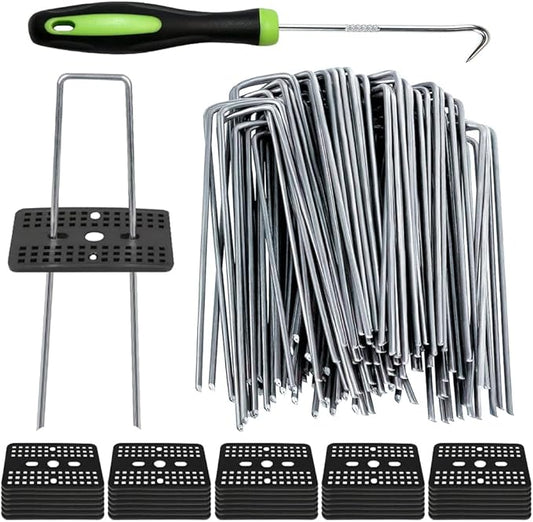 Bakulyor 50 Pcs Landscape Staples + 50 Pcs Gasket, 6 Inch Garden Stakes Staples 11 Gauge U Shaped Galvanized Lawn Landscape Pins, Heavy Duty Yard Ground Pin for Weed Barrier Sod Fabric Decorations