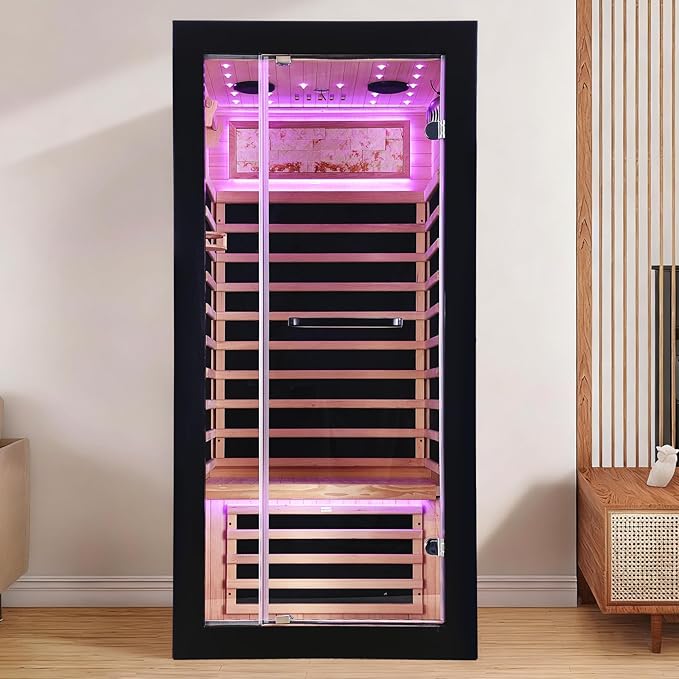 Sauna Indoor Far Infrared Saunas Home 1 Person Canadian Hemlock 1450W Low-EMF Dry Spa Sauna with Oxygen Bar, 26 Colorful Starry Sky Lights, 7 Heating Plates, Intelligent Control, Speaker - H5.9 ft