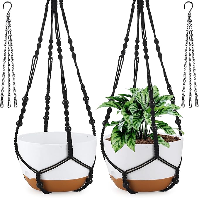 10 Inch Hanging Planter, 2 Pack Hanging Plant Self Watering Pot with Drainage Holes & Saucers, Hanging Baskets Flower Pots with Black Macrame Rope Hangers for Garden Home -White