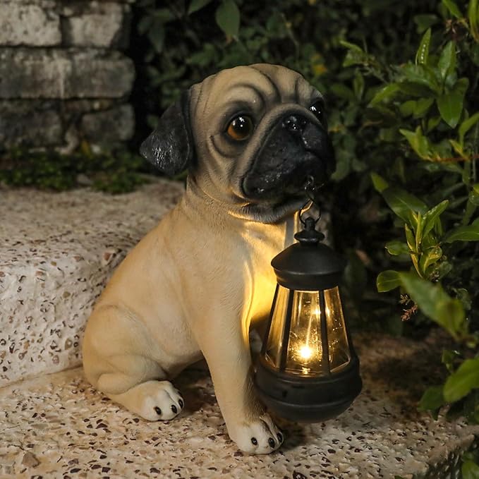 Afirst Solar Dog Garden Statue with Solar Lantern Outdoor Garden Pug Statues Figurines Lights Decorations for Patio Balcony Yard Ornament Outdoor Decor Gift