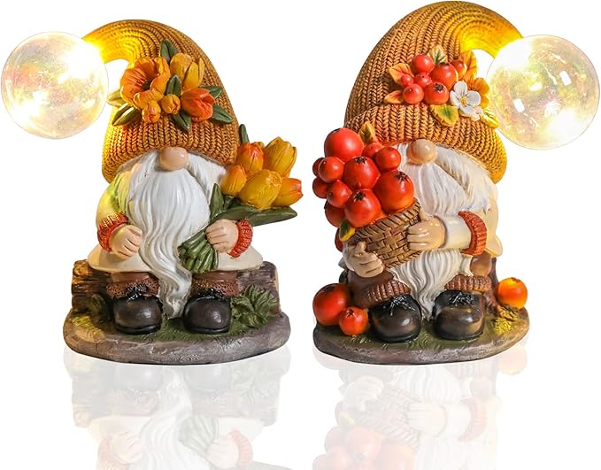 Bdor Fall Gnomes Garden Decor 7 Inch โ Harvest Gnome Statue with LED Crackle Globe Lights, Autumn Yard Ornaments for Thanksgiving, Outdoor Lawn, Porch, Patio, Garden Decorations