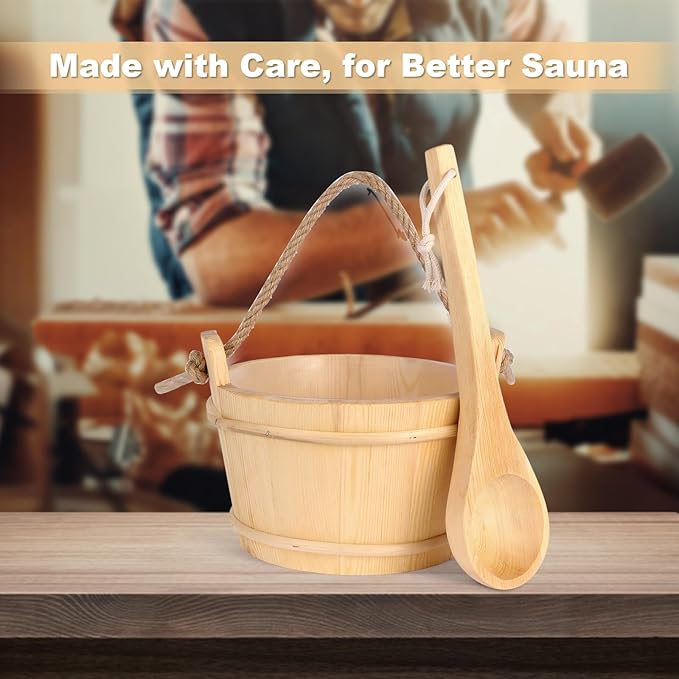 Sauna Bucket and Ladle Set,1Gallon Sauna(4 liters) Bucket and 14.5″Sauna Ladle,Sauna Accessories Handmade from Premium Pine Wood (Pine Wood 4L)