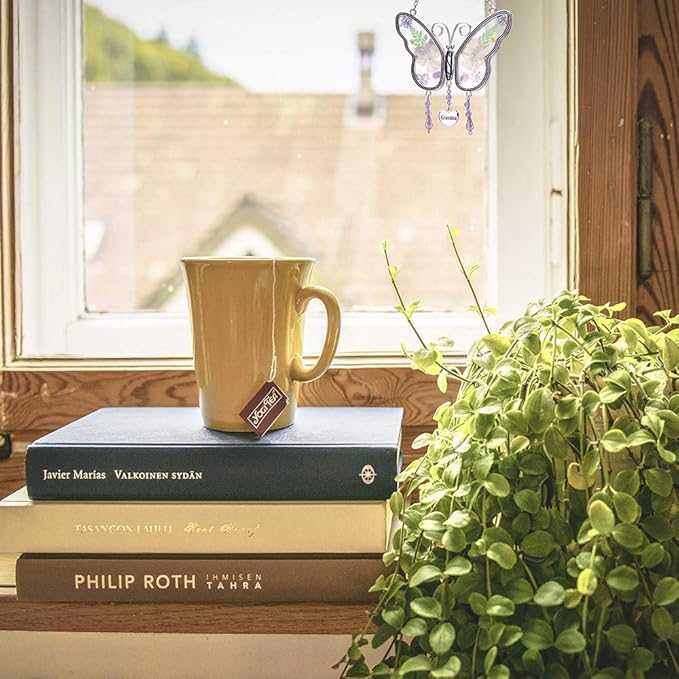 Laraine Butterfly Suncatcher with Pressed Colourful Flower Wings Mom Mother's Day Butterfly Glass Wind Chime Ornament Charm with Metal Heart Gifts for Mom Grandma Birthday (Yellow Grandma)