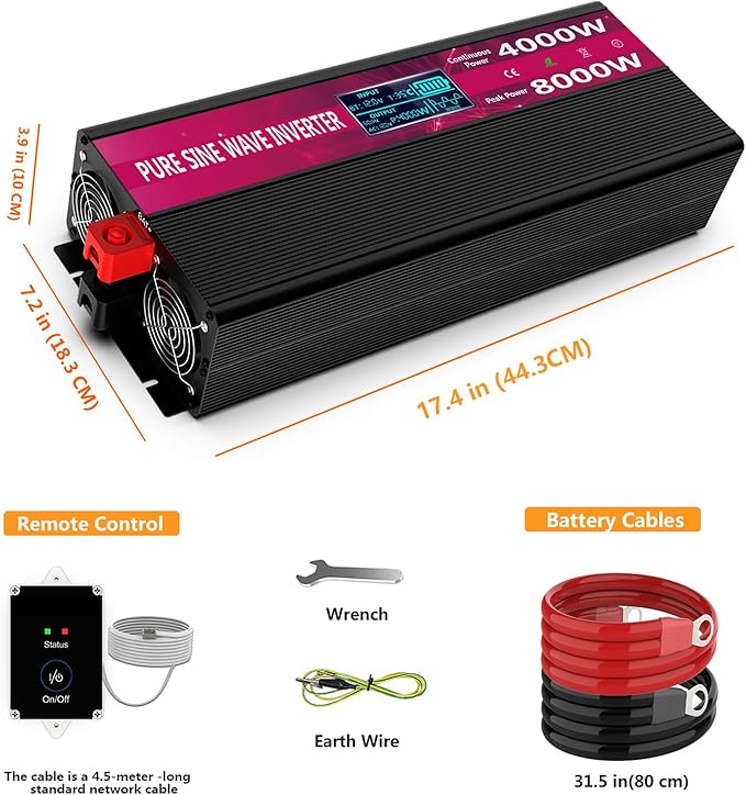 Pure Sine Wave Power Inverters 4000W 12V DC to AC 110V 120V Peak 8000W with Remote Control 4 Outlets,Dual USB Port,LED Display Terminal Blocks for Inverter Truck RV Car Solar System