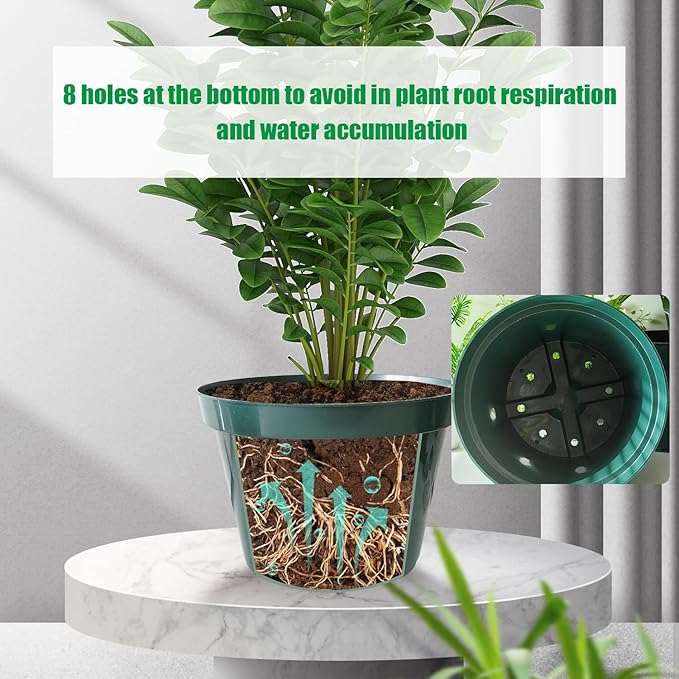 10 Pack Plastic Planter Pots, 10 Inch Thick Plant Pots with Multiple Drainage Holes, Pots for Plants Such as Herbs Strawberry and Flowers, Green Growing Planters for Outdoor Plants or Indoor (Green)