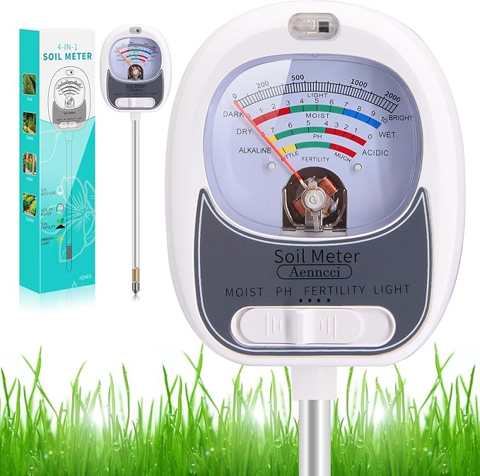4-in-1 Soil Test Kit, Soil Moisture Meter for Fertility, Light, Moisture, PH, Soil pH Meter, Soil Tester, Moisture Meter for House Plants, Garden, Lawn, Farm, Indoor & Outdoor Use(White)