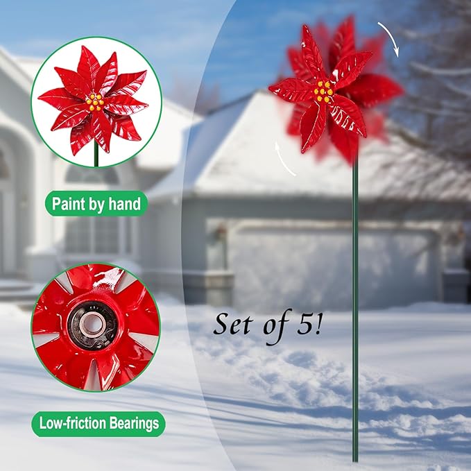 5 Pack Metal Poinsettia Wind Spinners for Garden,Outdoor Lawn Ornaments,Christmas Yard Decorations,Garden Stake and Decor for Outside