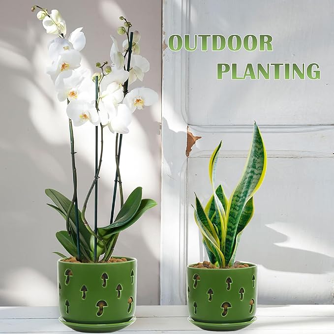 Set of 2 Orchid Pots with Holes & Saucers for Orchid Root Health, 5 inch&6 inch Ceramic Pots for Plants, Effective Drainage and Ventilation to Assist New Plants or Repotting (Patina-2, 5&6)