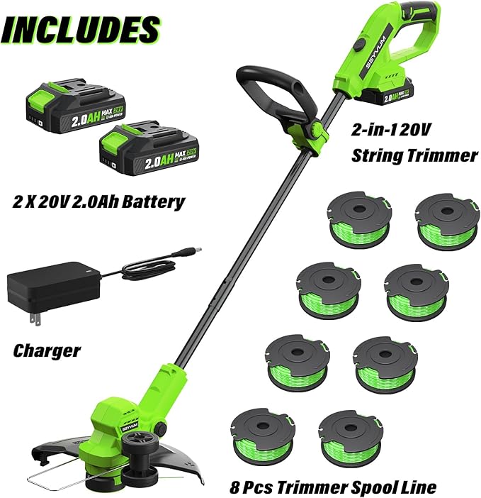 SEYVUM String Trimmer, 20V 12-inch Cordless Weed Wacker with Auto Line Feed, 2 X 2.0Ah Battery Powered Lawn Edger with 8 Pcs Grass Cutter Spool Line, Fast Charger Included, Green