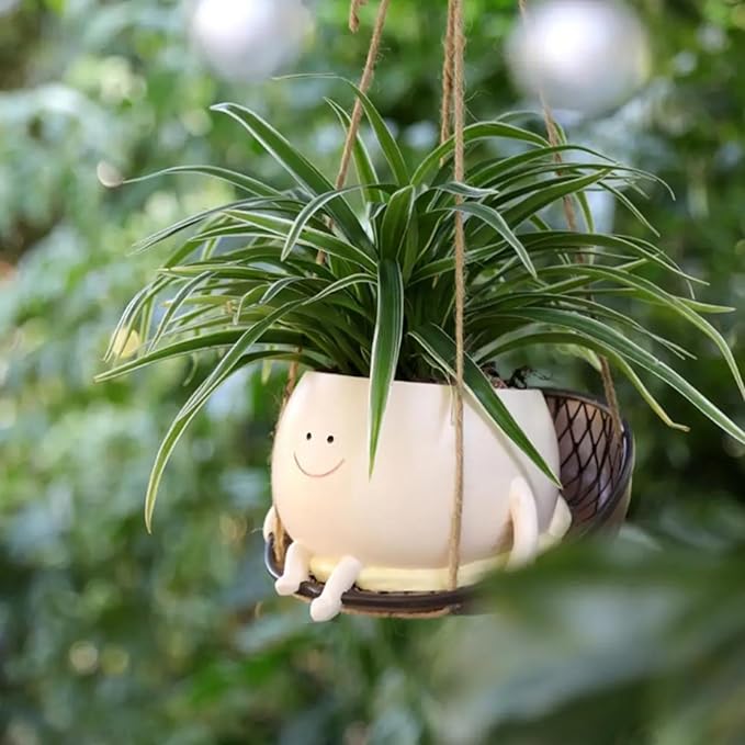 Small Swing Face Hanging Planter Pot for Indoor Outdoor Plants, Cute Swinging Plant Pot, Hanging Flower Pots, Face Planter Pot Head, Valentines Day Gifts for Her(Swing Basket)
